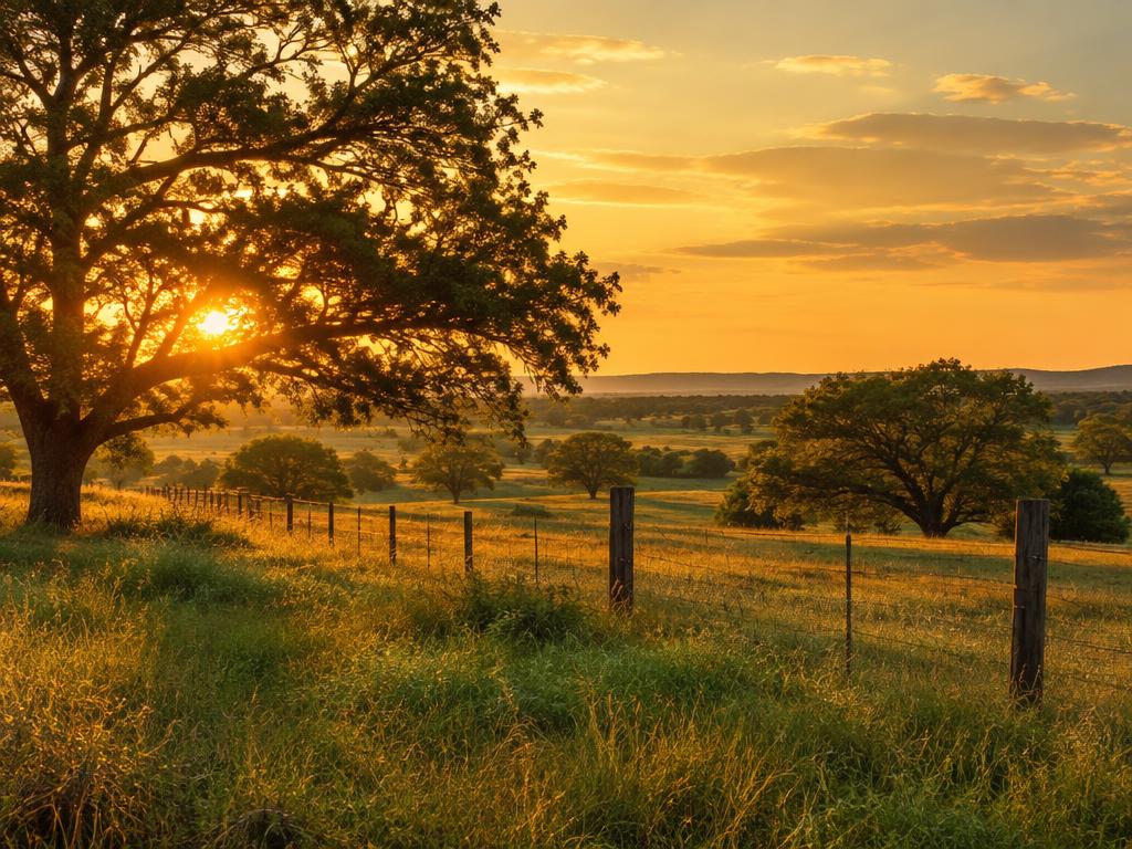 Rolling ranch pasture with a fence line and oak trees at sunset