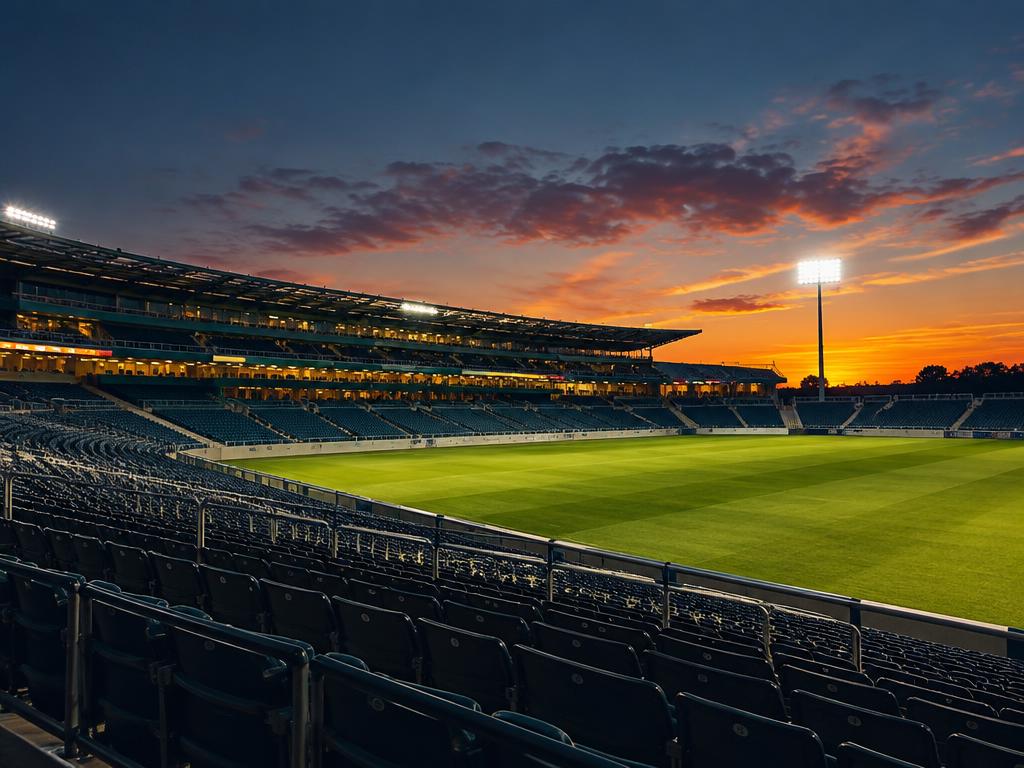 Empty stadium under evening lights